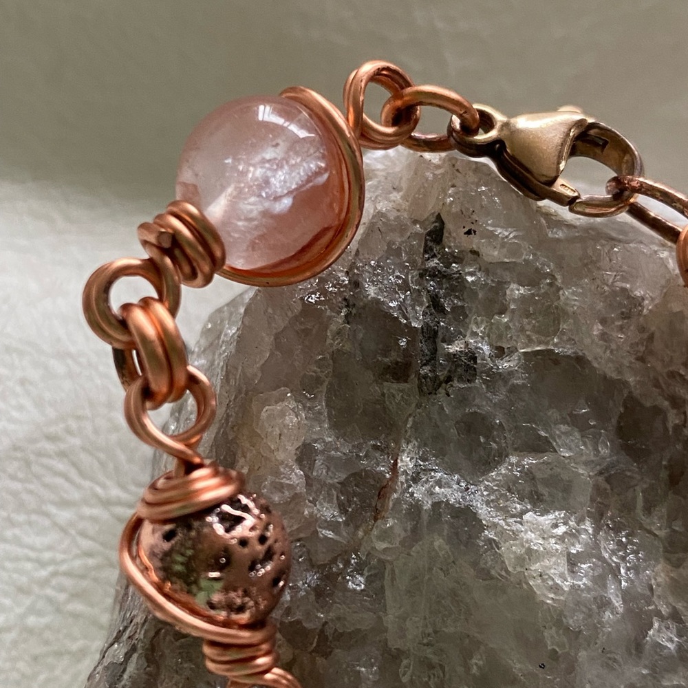 Albert Gilles Art - hand-made by Diane Gilles copper and cherry quartz bracelet